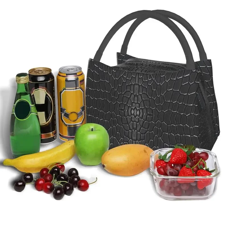 Black Crocodile Skin Leather Thermal Insulated Lunch Bag Alligator Texture Lunch Tote for Office Outdoor Storage Meal Food Box