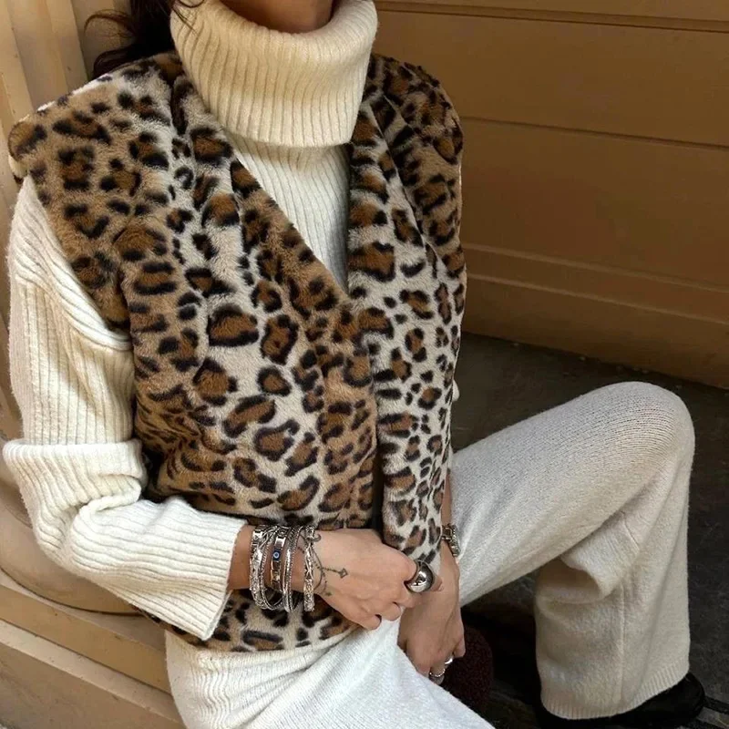 WInter Leopard Patchwork Flauschigen Pelz Weste Für Frauen V-ausschnitt Ärmellose Verstärktes Einreiher Chic Mäntel Weibliche