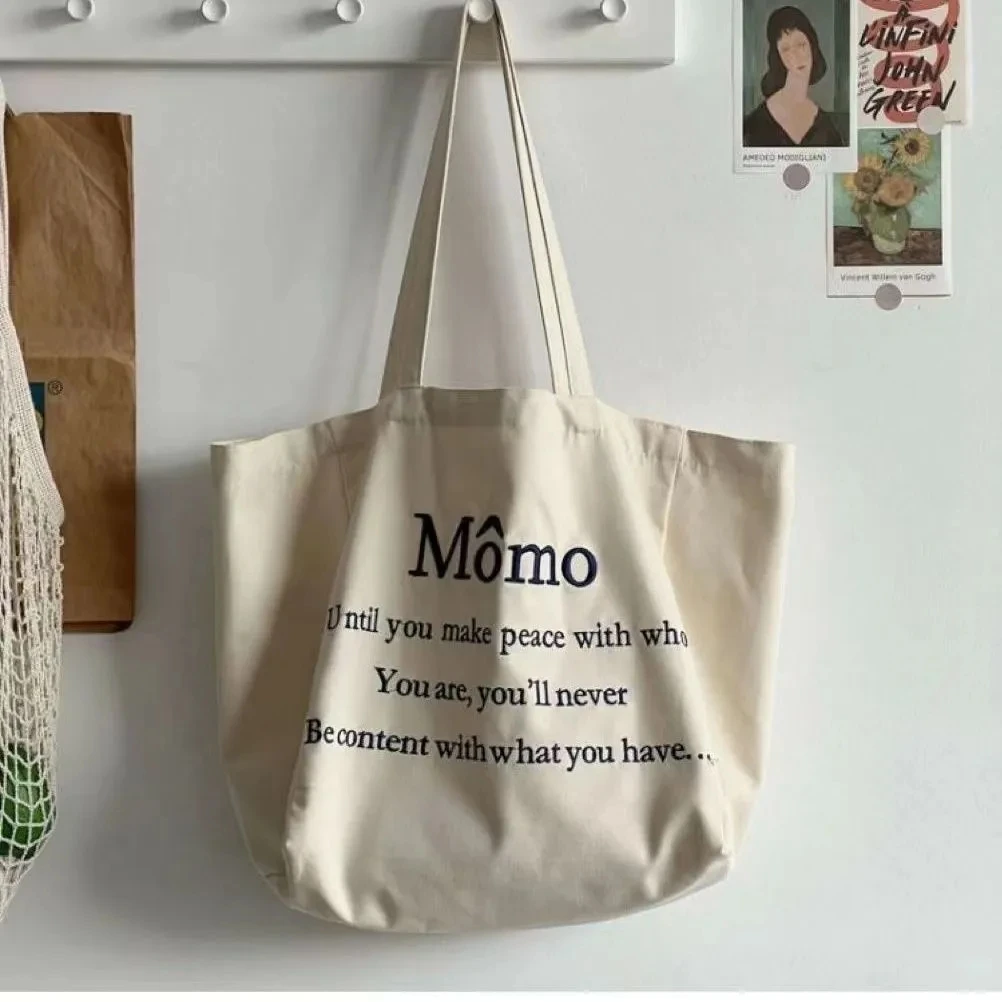 Women Canvas Shoulder Bag Momo Letter Printing Ladies Casual Handbag Tote Bag Large Capacity Cotton Reusable Shopping Beach Bag