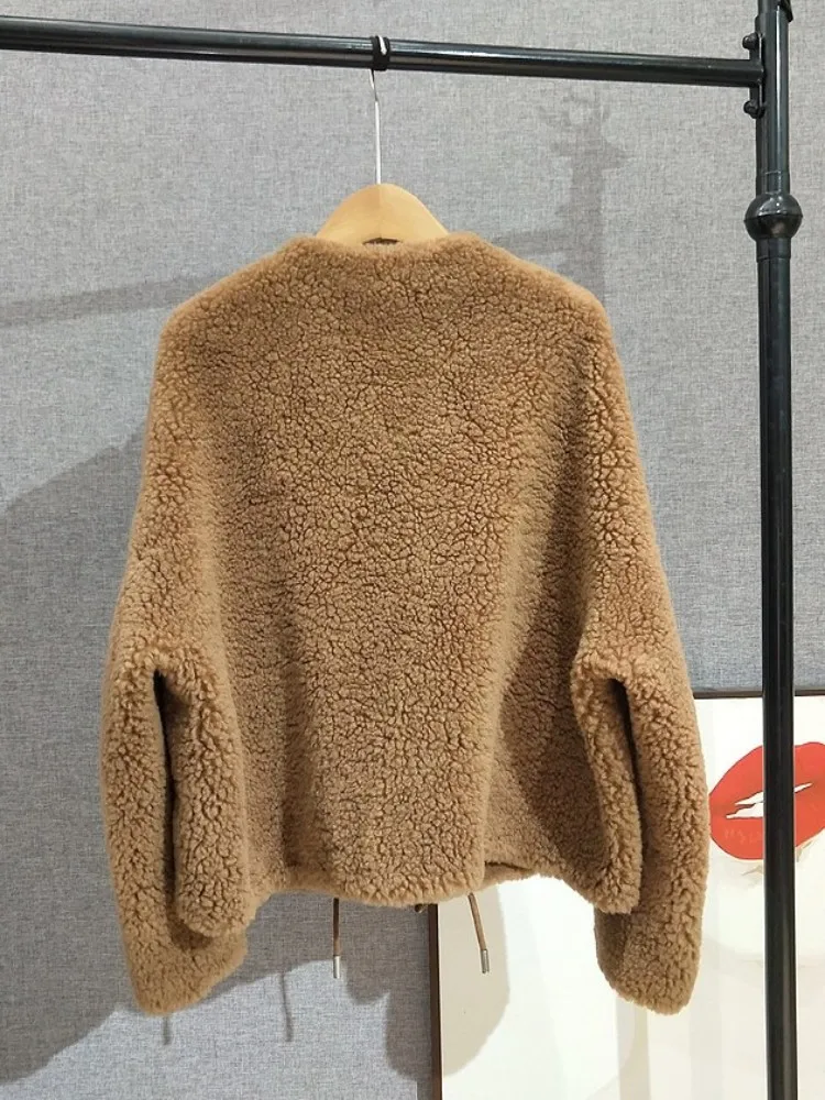 Mulheres inverno quente real pele de ovelha casacos curtos em linha reta solto ajuste zíper casaco de lã o pescoço à prova de vento outerwear jaqueta de cor sólida