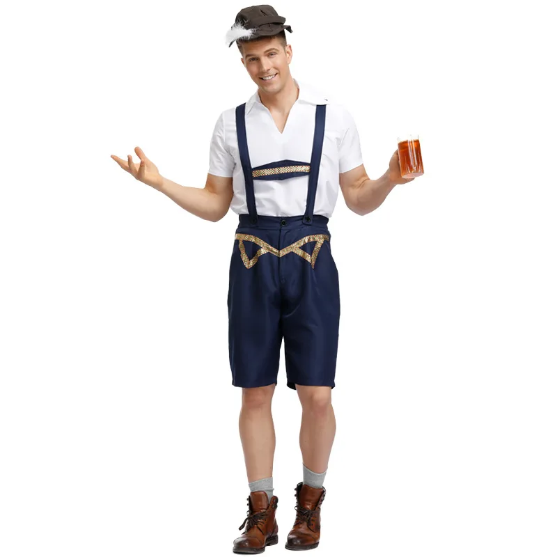 ชุด lederhosen จาก Germany Oktoberfest ชุด Bavarian beer สีน้ำเงินเข้มมีสายเอี๊ยมกางเกงขาสั้นเสื้อยืดหมวกสำหรับปาร์ตี้งานคาร์นิวัลชุดคอสเพลย์