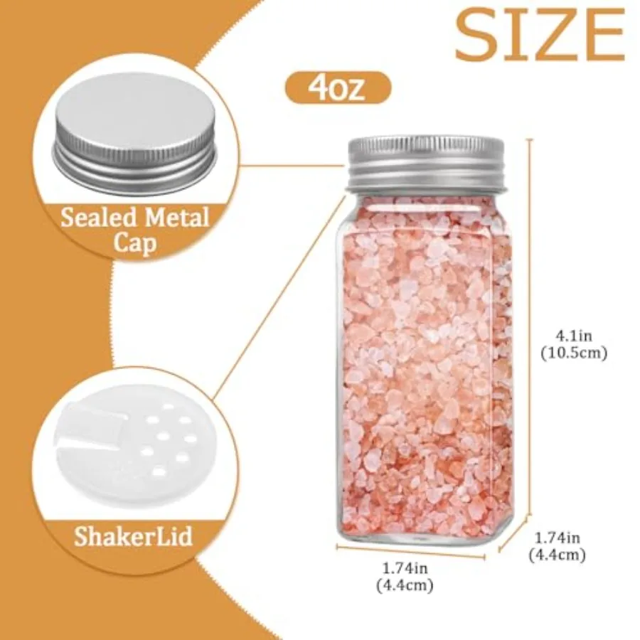 4oz Glass Spice Bottles with Shaker Lids, Restaurant and Home Kitchen Storage Square Air-Tight Containers for Spices, Salt, Pep