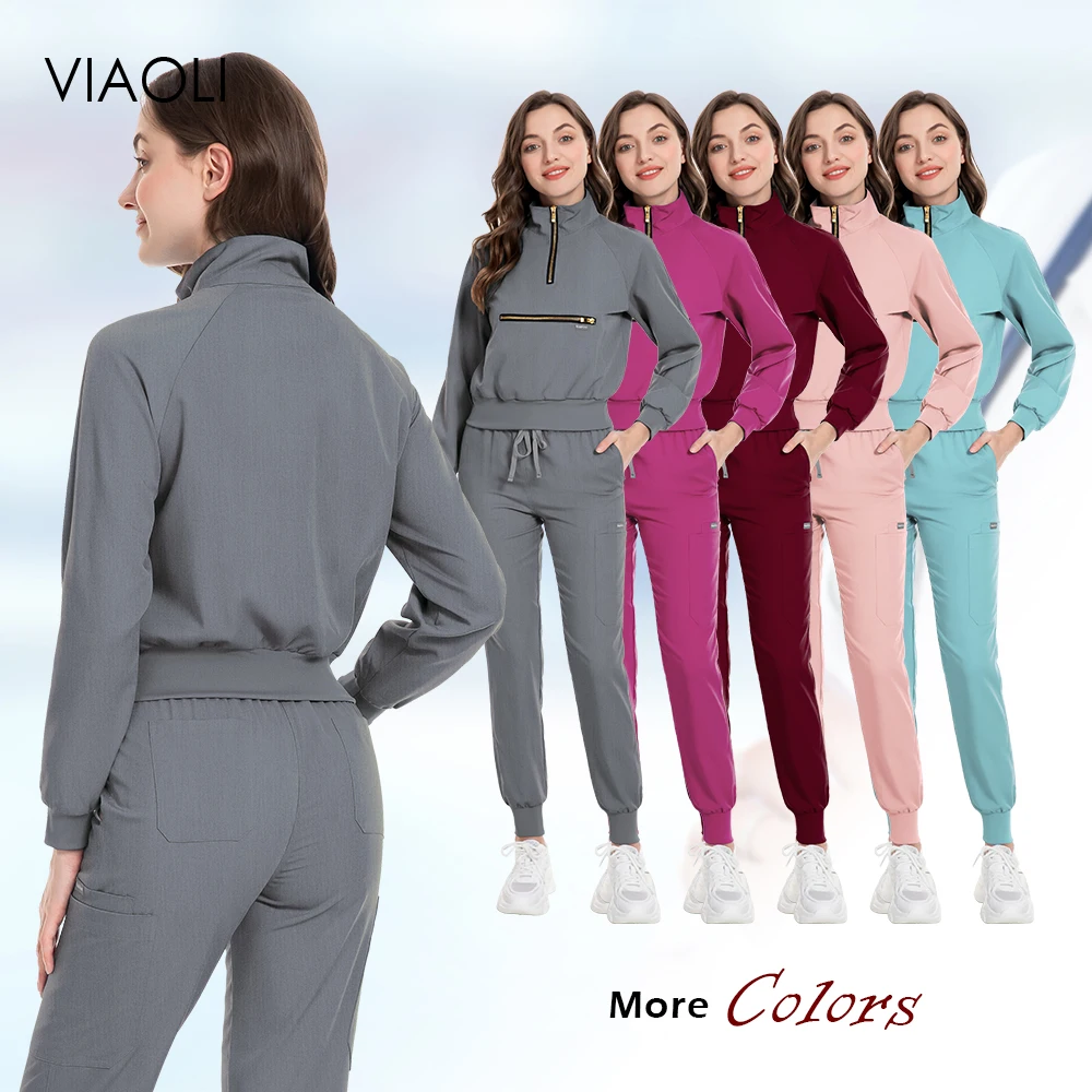Medical Uniform Women Scrubs Sets Medical Scrubs Top Pants Long Sleeved Zipper Stand Up Collar Uniforms High Quality Scrub Women