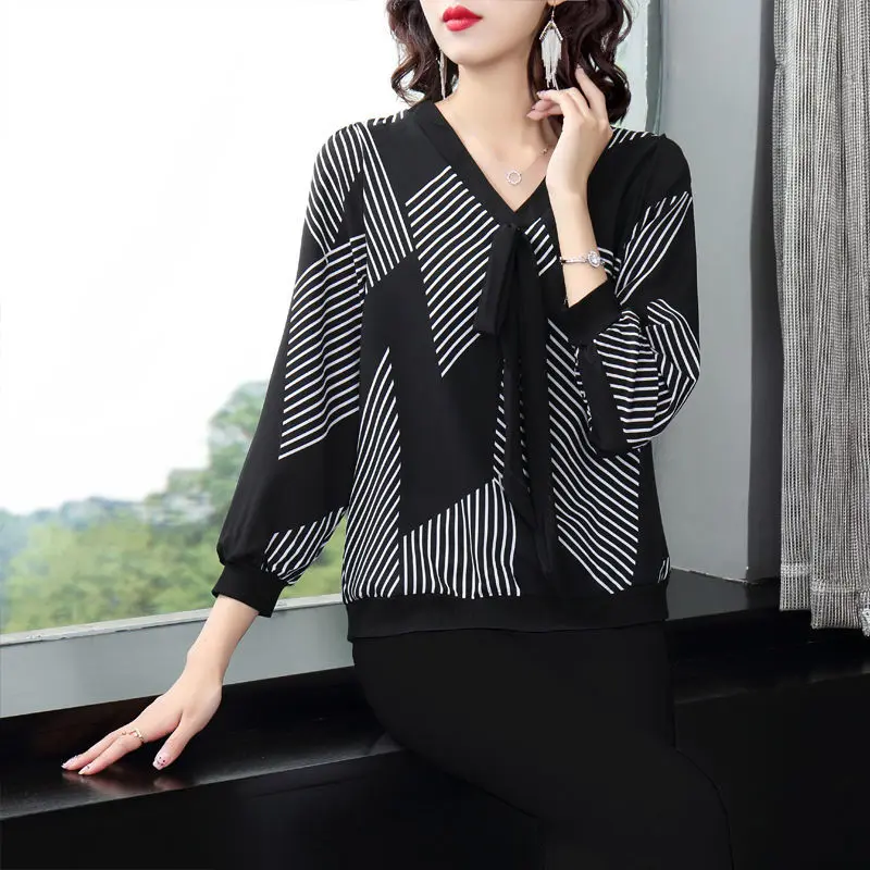 Vintage Printed V-Neck Drawstring Striped Bow Blouse Women\'s Clothing 2022 Autumn Casual Tops Oversized Loose Office Lady Shirt