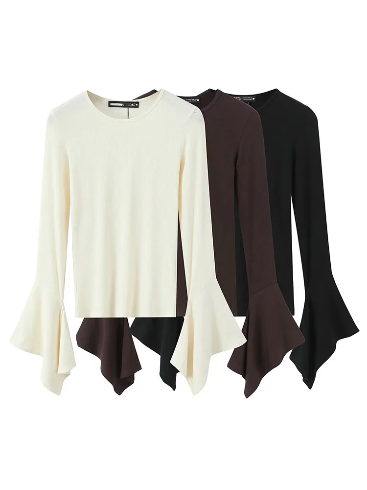 

HH женские летние модные ламинированные однотонные топы с длинными рукавами, женские универсальные повседневные футболки с круглым воротником для поездок на работу