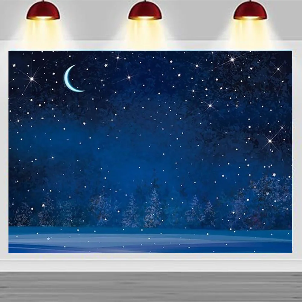 خلفية سماء ليلية شتوية مسطحة ثنائية الأبعاد - أزرق عميق مع رقاقات الثلج والقمر والنجوم - مناسبة لعيد الميلاد #5