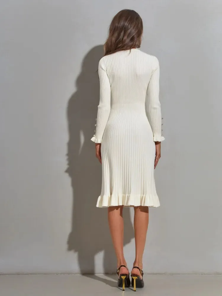 Robe moulante à manches longues en tricot côtelé pour femme – Robe pull blanche élégante, mode d'hiver, jupe sirène ajustée