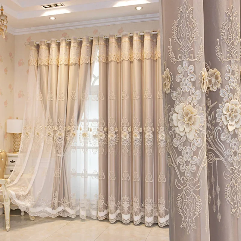 

Embossed 3D Embroidered Luxury Double Layer Curtains for Living Room Bedroom Dining Elegant High Shading Coffe Windows Drapes