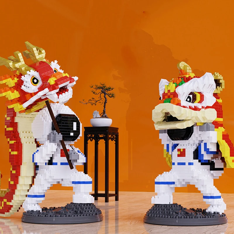 Lion Dance Astronaut Micro Building Blocks Chinses Culture Dragon Dance Cosmonaut Spaceman Mini Brick Figures Toys For Kid Gift