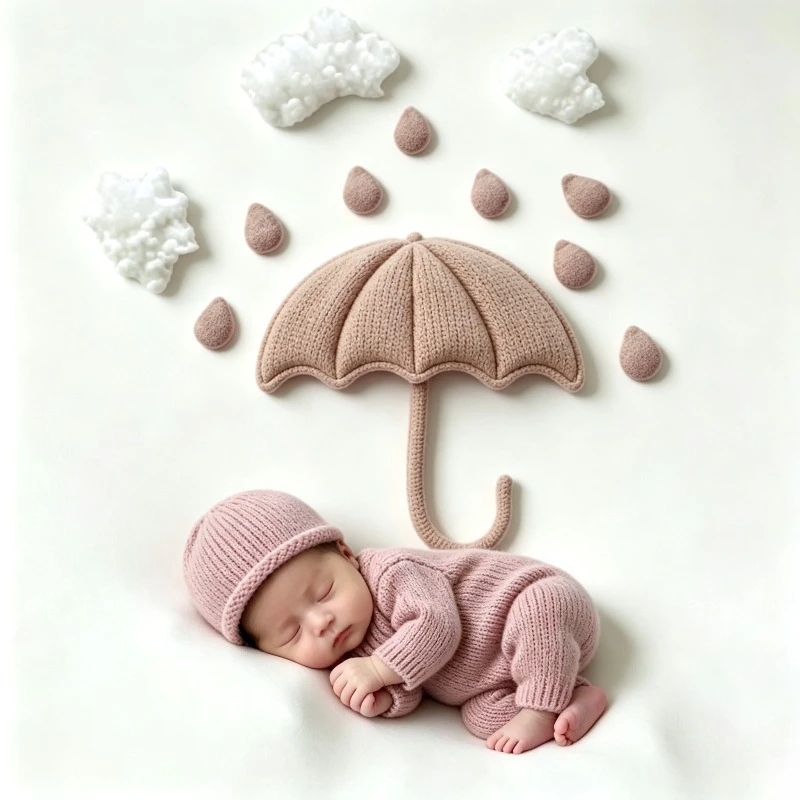 Soft Plush Cloud & Raindrop Prop Set – Faux Fur Knit Umbrella Decor for Baby Monthly Milestone Photoshoot Supplies