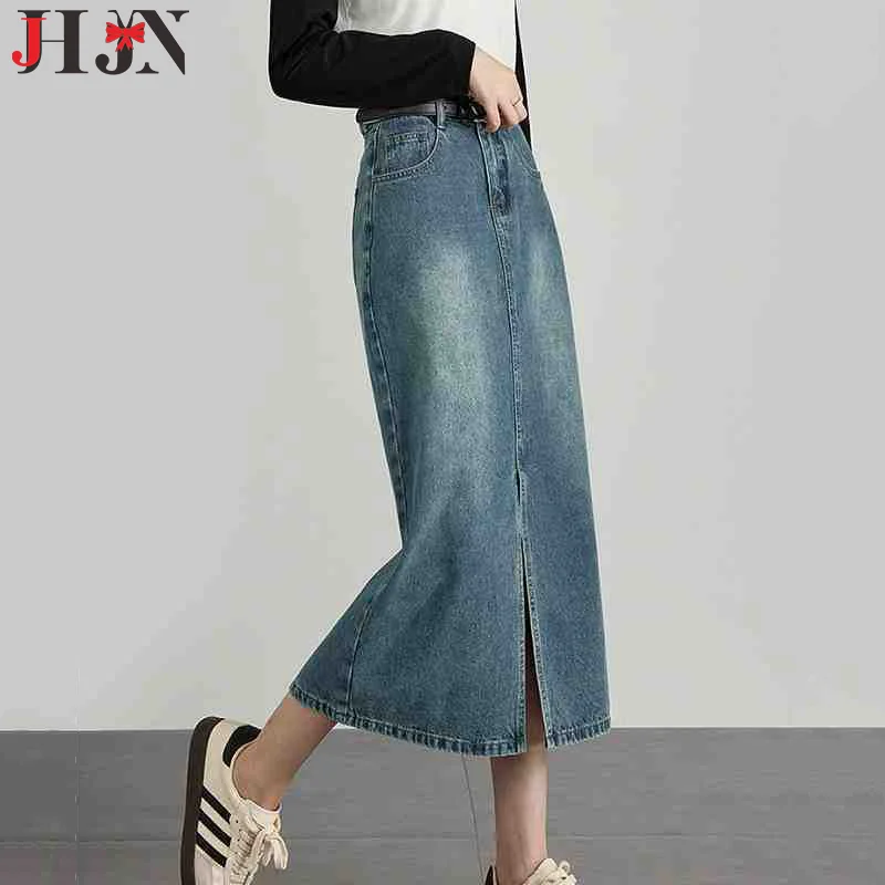 Split Denim Skirt For Women New Retro Style A-line Medium Long Style Oversized Coverage Hip Hugging Skirt Luxury Women's