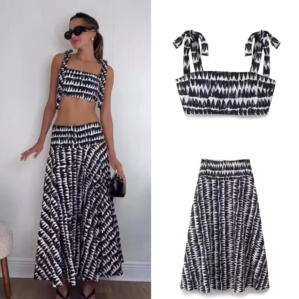 

Women Fashion Print Skirts Suit Sexy Backless Sleeveless Slim Corset Crop Top Side Zipper Midi Skirt Y2K Streetwear Sets