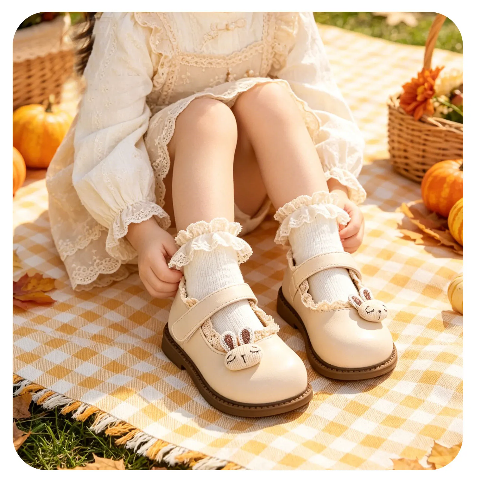 

Baby Girls Mary Jane Shoes Cute Knitted Bunny Decor Princess Leather Shoes Lace Trim Hook Loop Soft Sole Toddler Walking Shoes