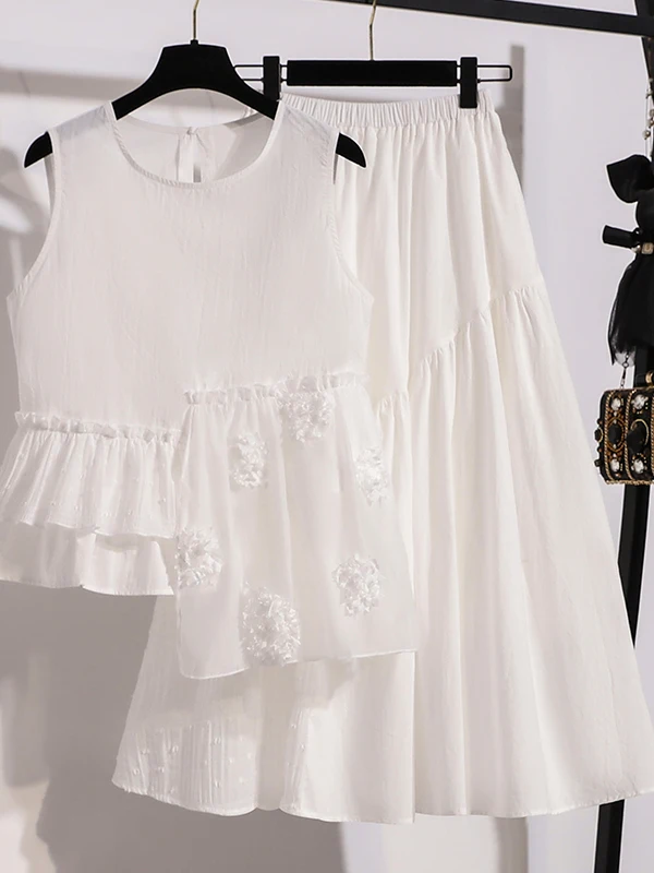 

Stunning White Flower Vest And Skirt Set Two Piece Suite Summer Beauty Brand Fashion Women's Ensemble Cotton Polyester