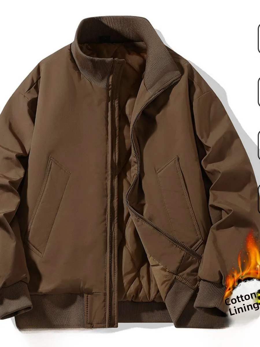 

New Men's Casual Flight Cotton Jaet Stand Collar Busin Leisure Warmth Youth Trendy Brand Zipper Closure Long Length