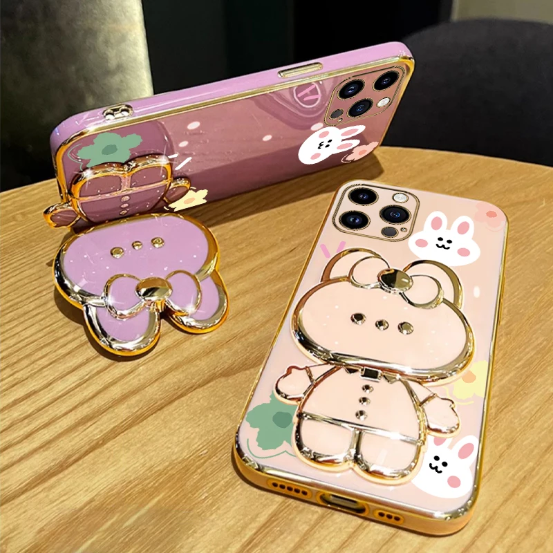Flower Strap Cute Rabbit Phone Holder Case On For iPhone 14 15 11 12 13 Pro Max Mini 8 7 6 S Plus X Xr Xs Max 15pro Stand Cover