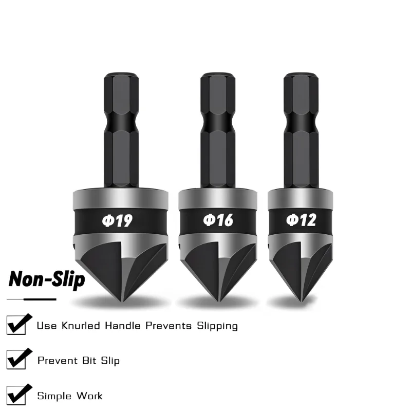 3PCS Countersink Drill Bit Hss Hex Chamfer Five Pears Hexagonal 90 Degrees Boring Drill Shank Carbon Steel Woodworking Tools Set