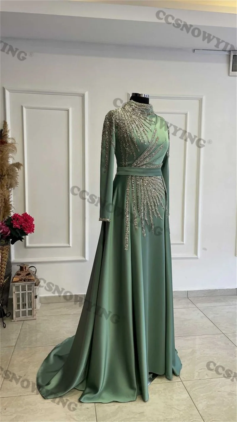 

Satin Appliques Beaded Hijab Muslim Evening Dresses Long Sleeve Islamic Formal Party Gown Arabic Dubai Women Robes De Soirée