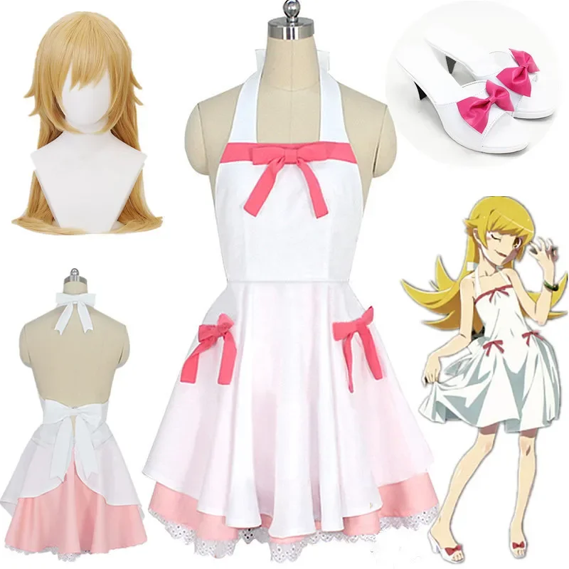 Anime Bakemonogatari Kostuum Oshino Shinobu Cosplay Kostuum Cartoon Vrouw Lolita Wit Roze Jurk Halloween Cosplay Kostuum