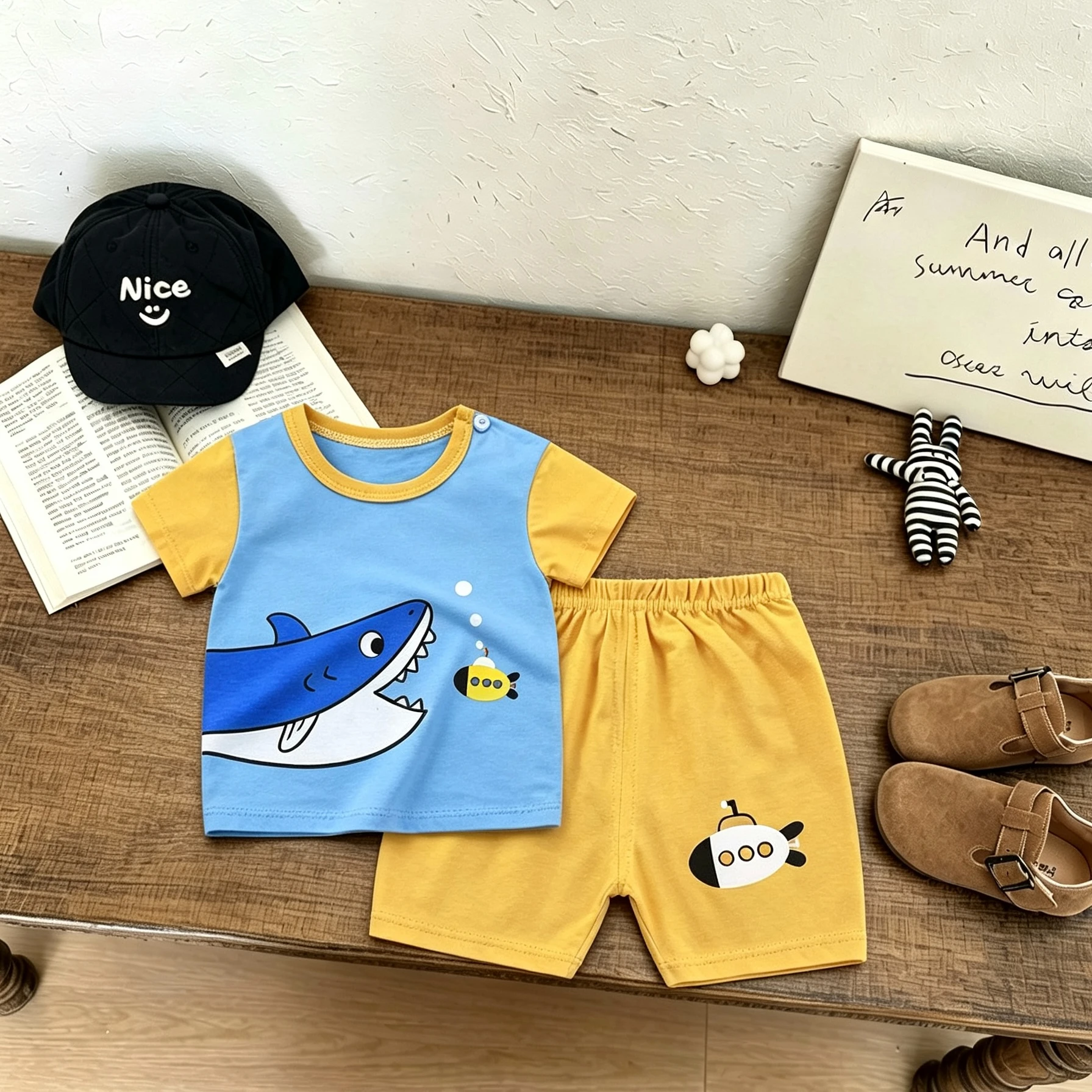 1 2 3 4Years Old Kids Short-sleeved Shorts Outfits Cartoon T Shirt Loose Shorts Two Piece Set New Summer Costume Baby Clothing