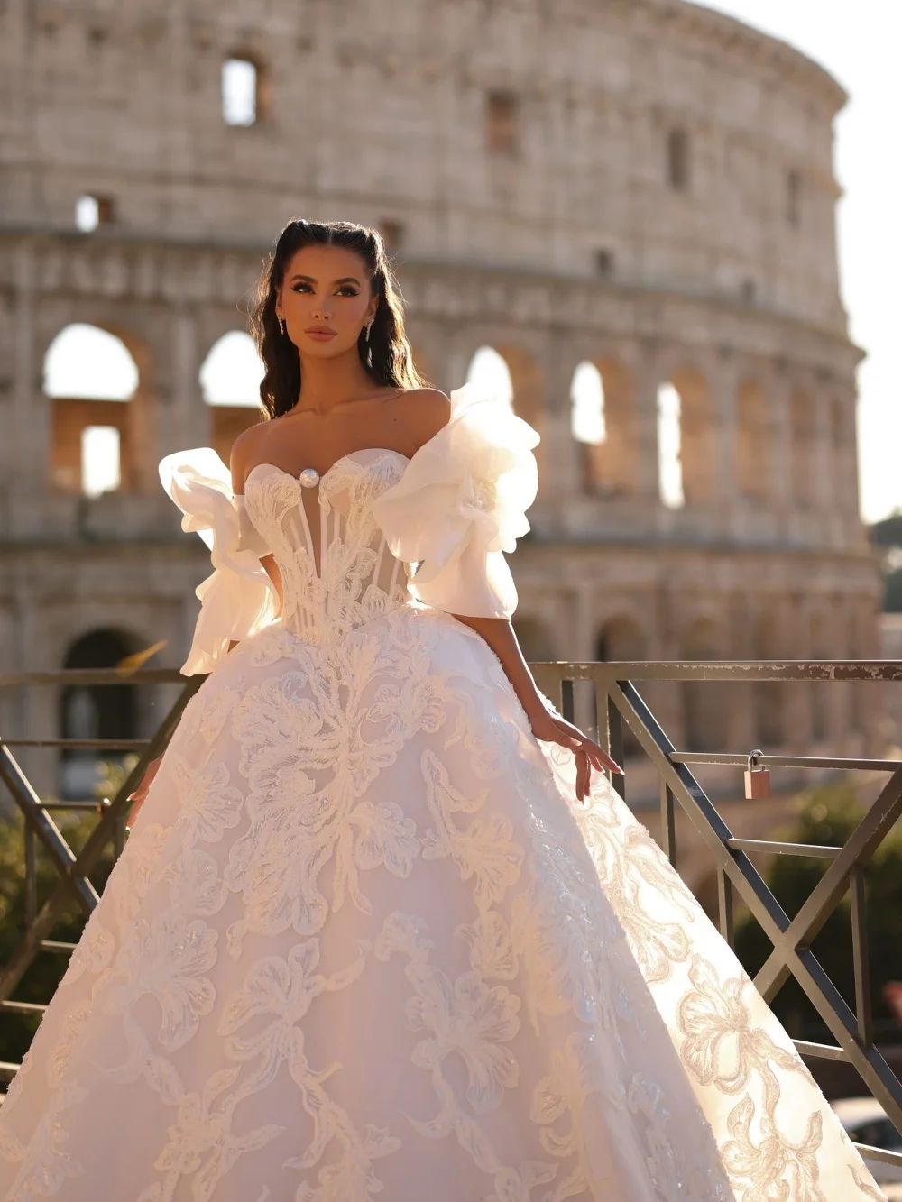 Elegant Roman Inspired Bridal Gown Off Shoulder 3D Ruffle Sleeves Heavy Floral Lace Floor Length Gown for Destination Wedding