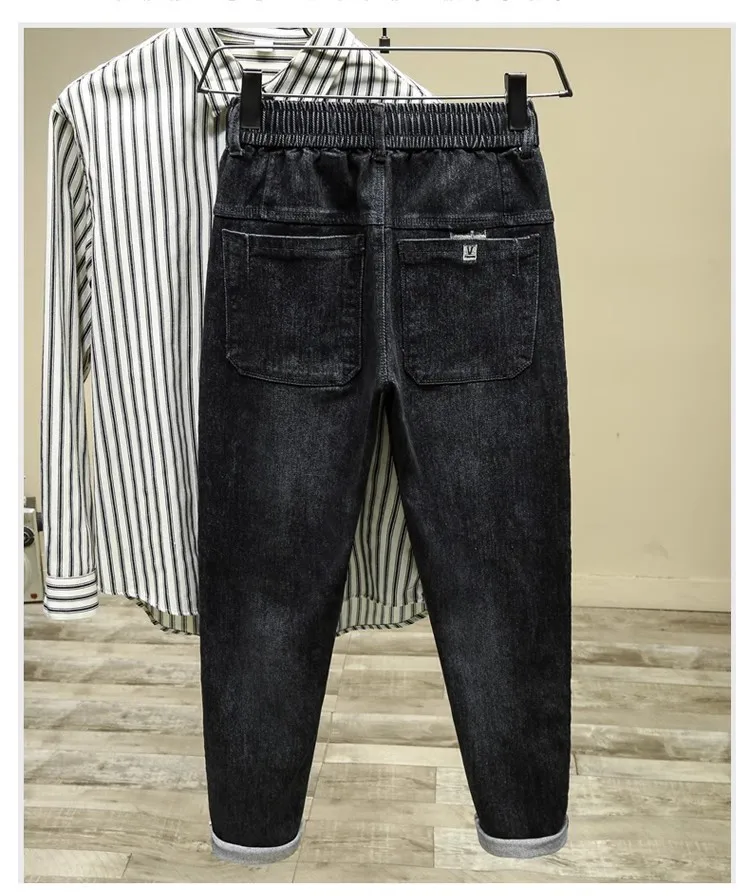 Jeans casual jeans slim fit masculino com elástico na cintura, calça cargo sólida, moda Harajuku, primavera e outono