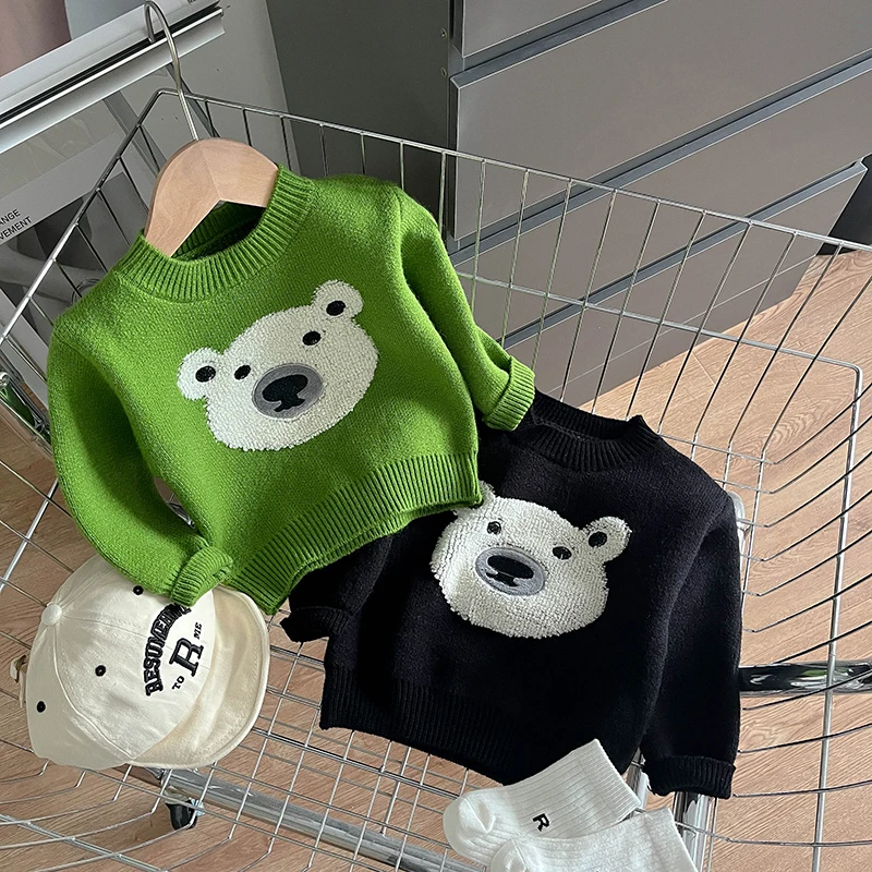 Autumn Newborn Baby Boy Cartoon Bear Knitted Crewneck Top Loose Casual Baby Clothes For Children