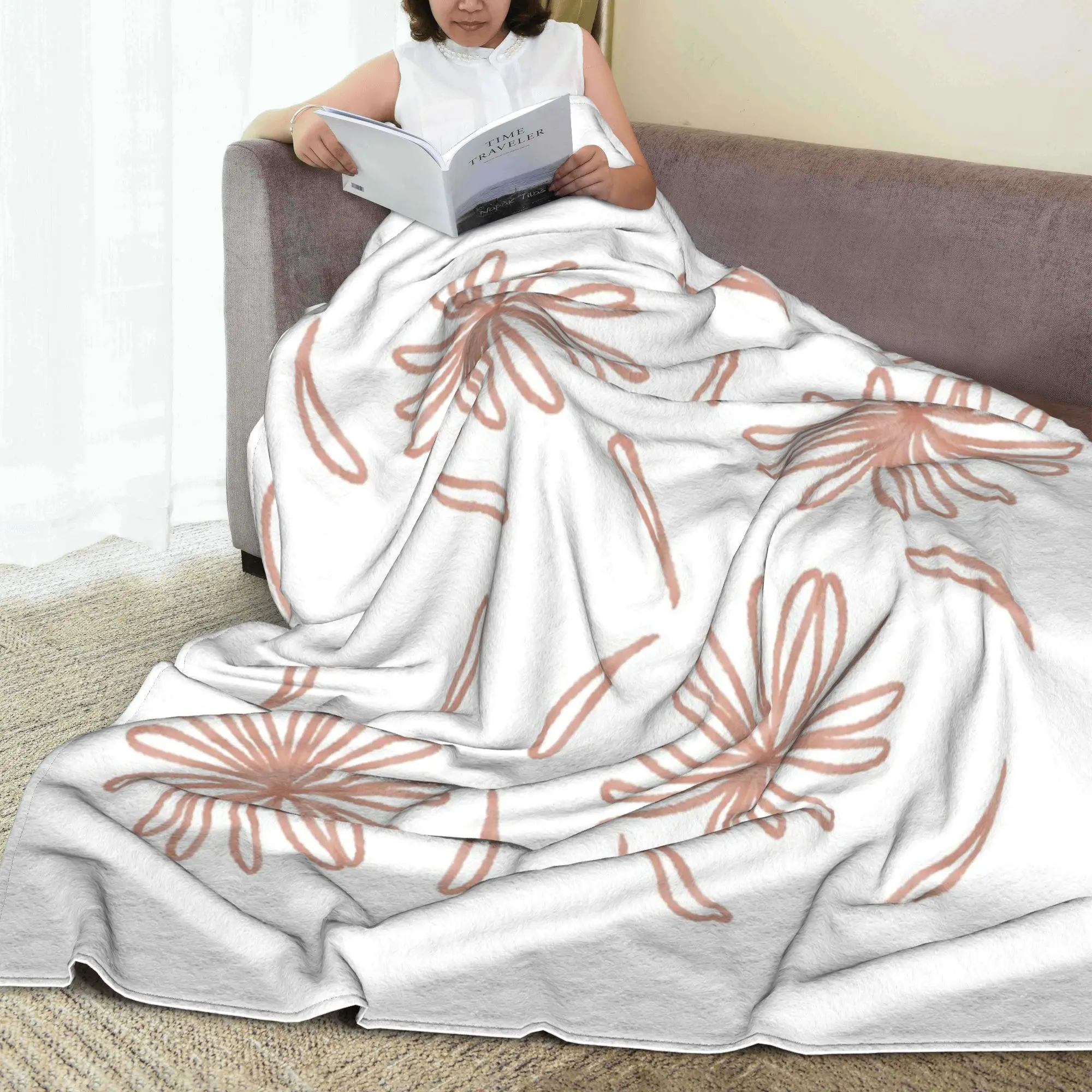 

Beige floral design Blankets Breathable Fleece Sofa Throw Blanket for Home Bedroom Office Throws Bedspread Quilt