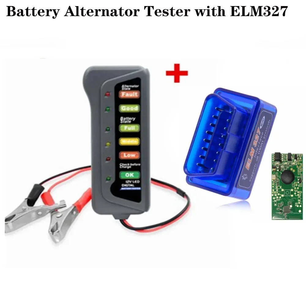 

12V Digital Battery Alternator Tester with 6 LED Lights Display Battery Testers with Super MINI ELM327 V2.1 For Car Motorcycle