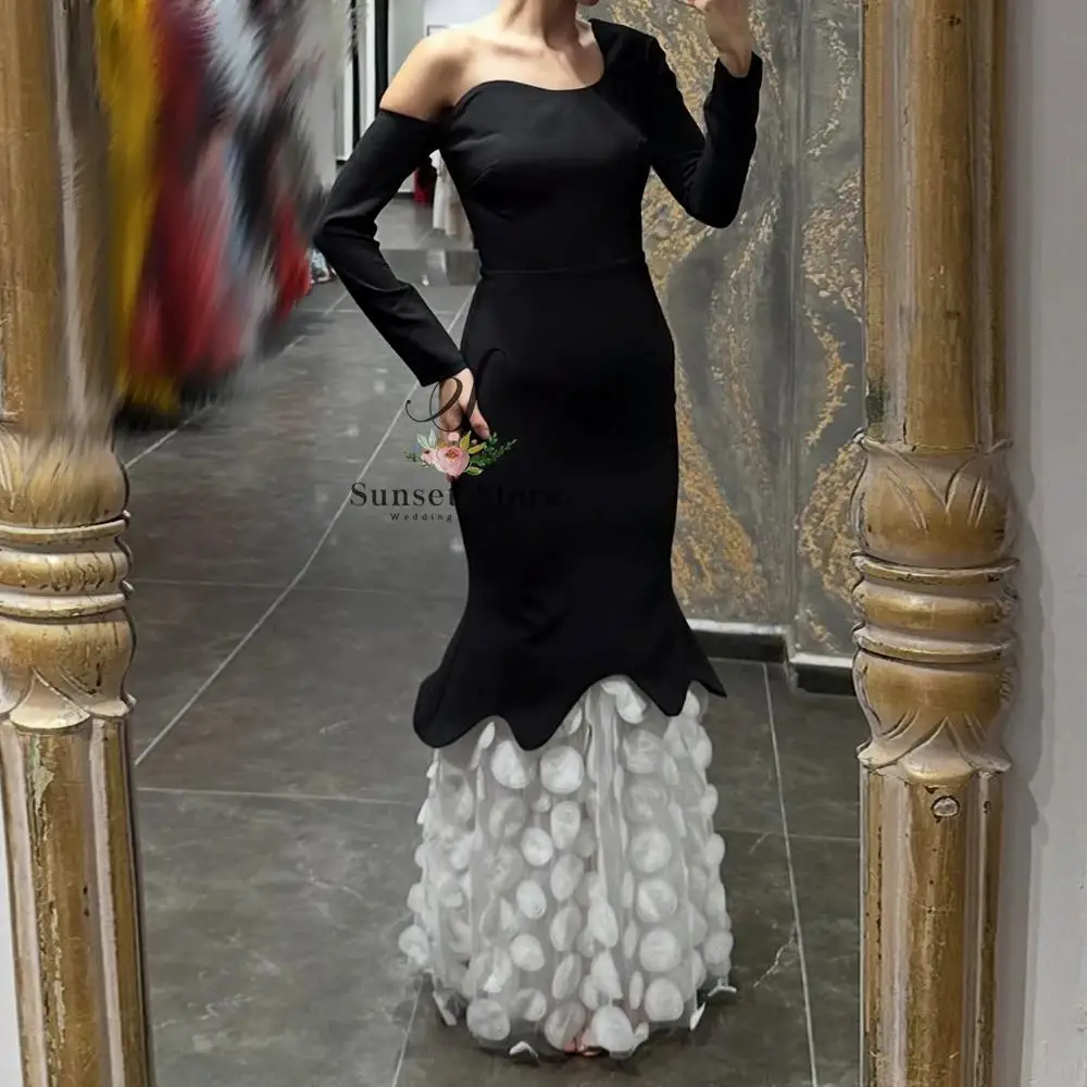 

Customized A-line Evening Dresses Floor-length One-shoulder Full Sleeve Prom Gown Simple Fashion Draped Backless Party Gown