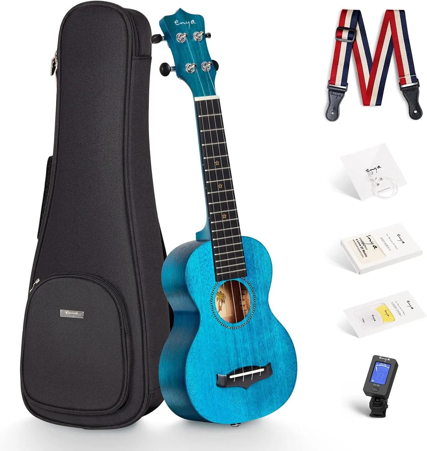 21 Inch Solid Mahogany Soprano Ukulele, Professional Sound Quality - Complete Beginner Kit with Case, Strap, Strings, Pick, Tuner, Polish Cloth, Blue Color