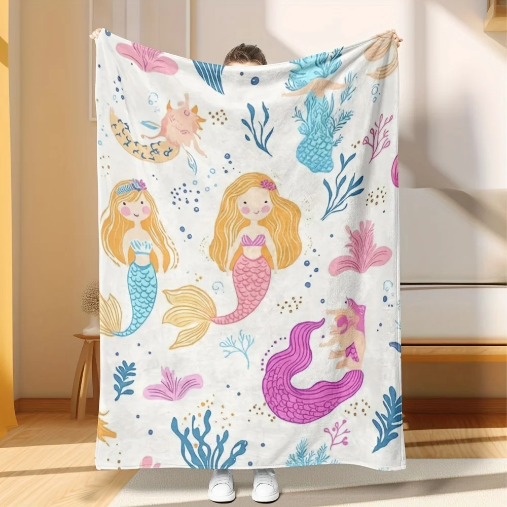 Cute Mermaid Mermaidcore Ocean Theme Fleece Blanket Throw Plush Decorative Lap Throw Girls Kids Nursery Home Decor Gift Cozy