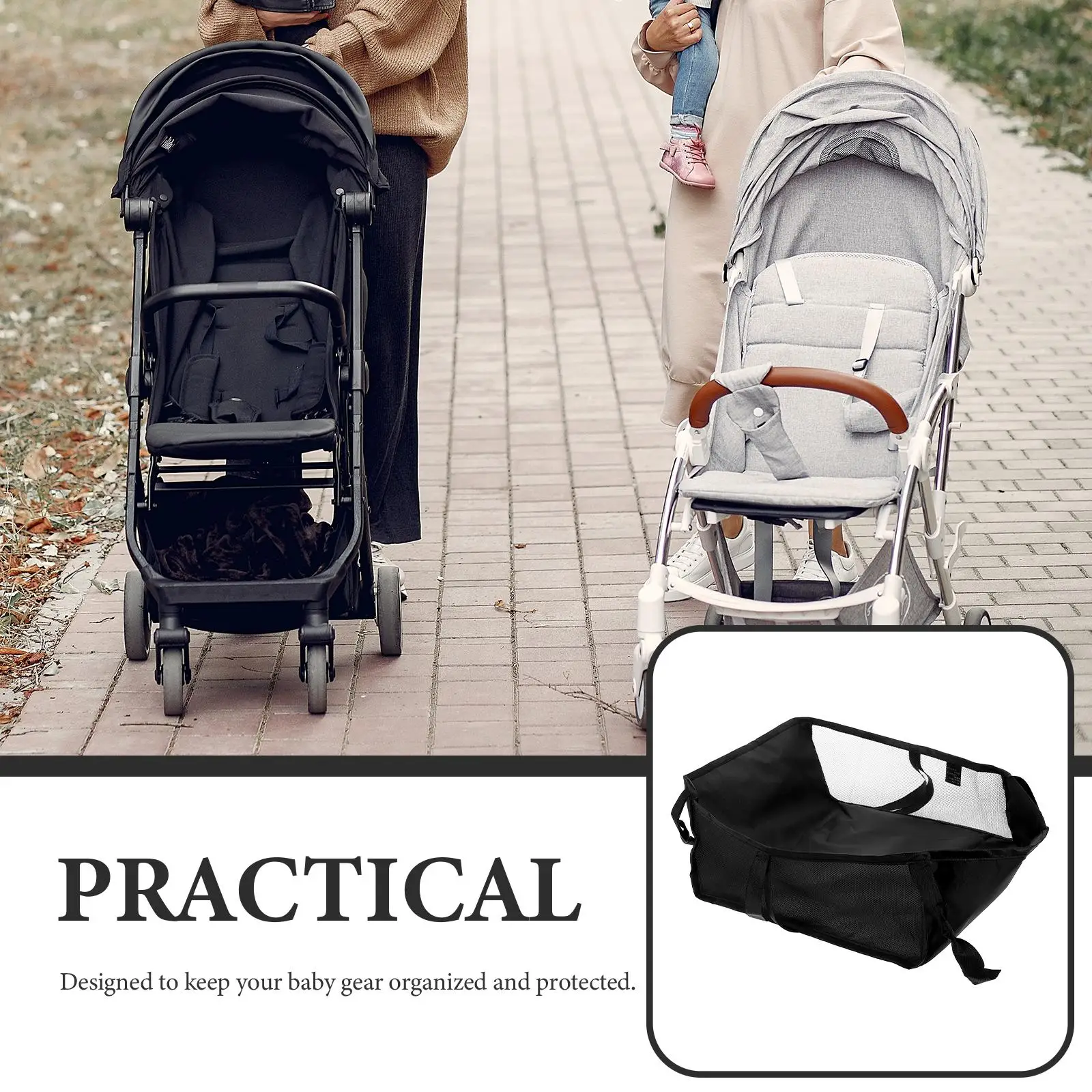 أكياس تخزين معلقة بإطار سفلي وشبكة كرسي يدفع باليدين لعربة الأطفال السوداء للتسوق #5