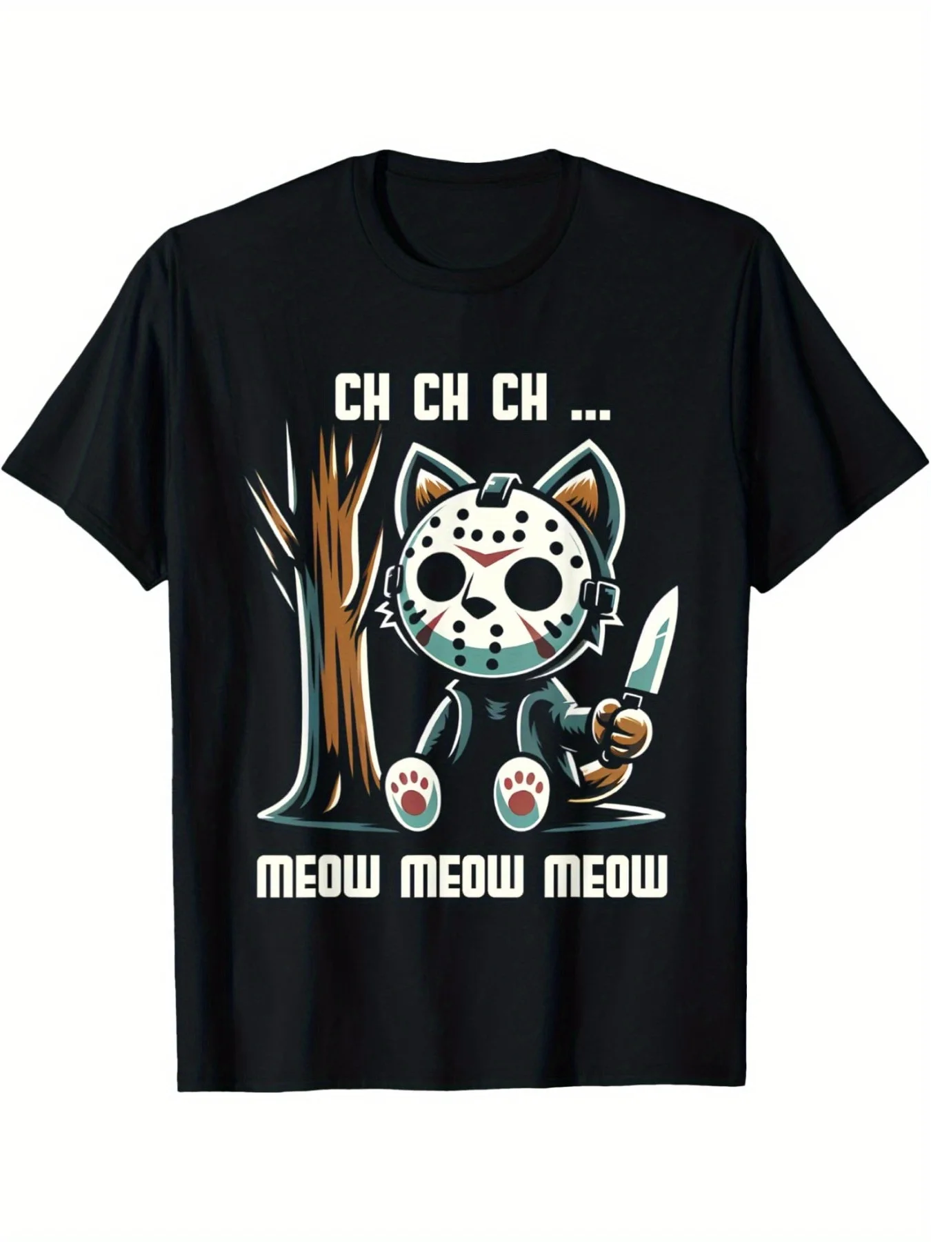 Men's Horror Movie Tee, Black Cat Costume Design, Casual Scary Graphic Tee