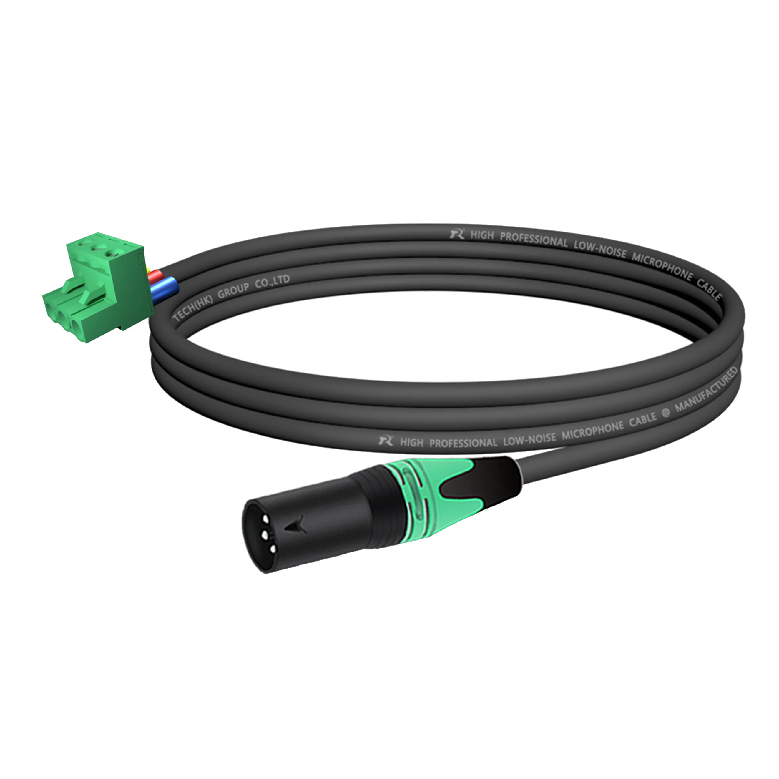 XLR mit schwarzem Rückgehäuse, mehrfarbiger rutschfester Abdeckung, verbunden mit 5,08 mm 3-poligem Phoenix-Steckeranschluss, für Audiogeräte. – Detail 4