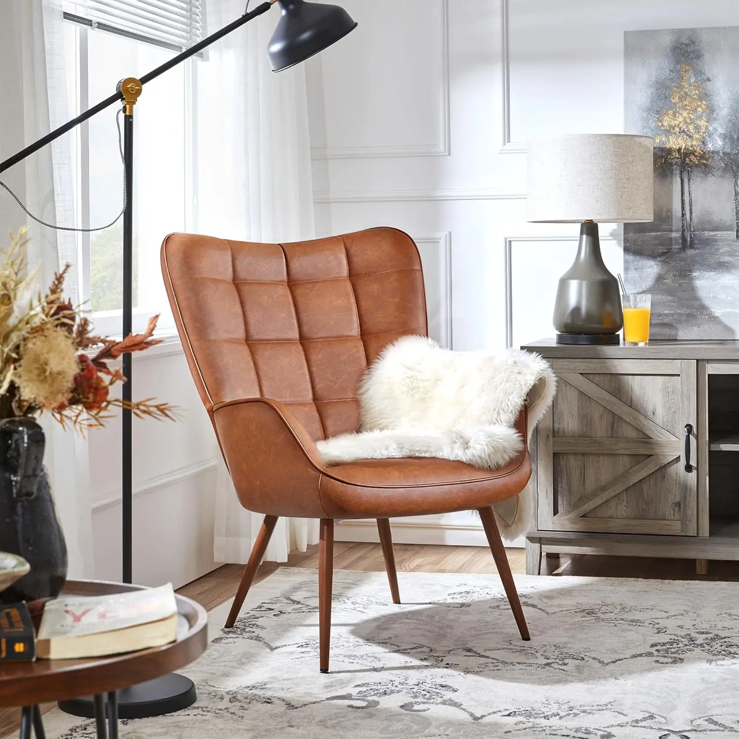 

Leather Accent Chairs, Large Armchairs with Metal Legs, Camel, Living Room Bedroom Office