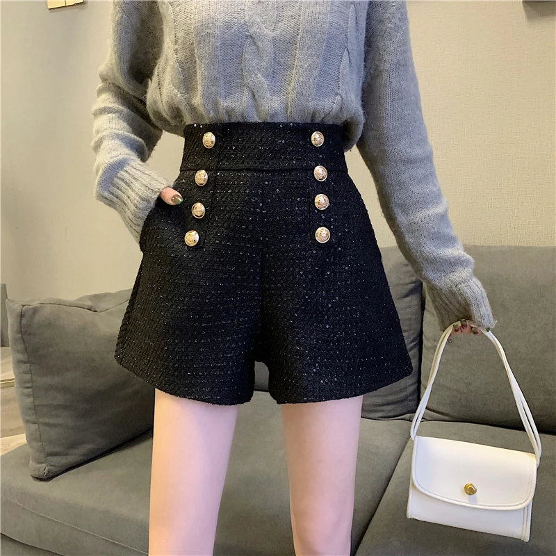 여성용 빈티지 더블 브레스트 캐주얼 반바지, 하이웨이스트 A라인 와이드 레그, 여성 하의, 골든 버튼, 우아한 오피스 레이디 섹시