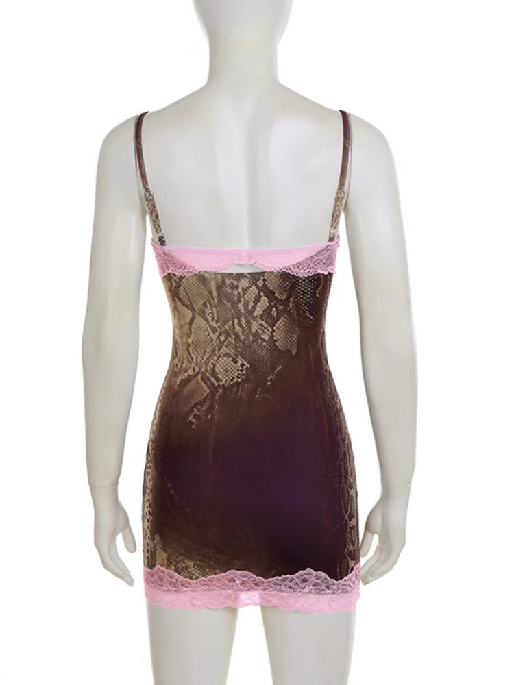 SsTss nueva moda vestido con estampado de serpiente para mujer Sexy encaje transparente Patchwork sin mangas espalda descubierta ceñido al cuerpo Mini vestido de fiesta y discoteca