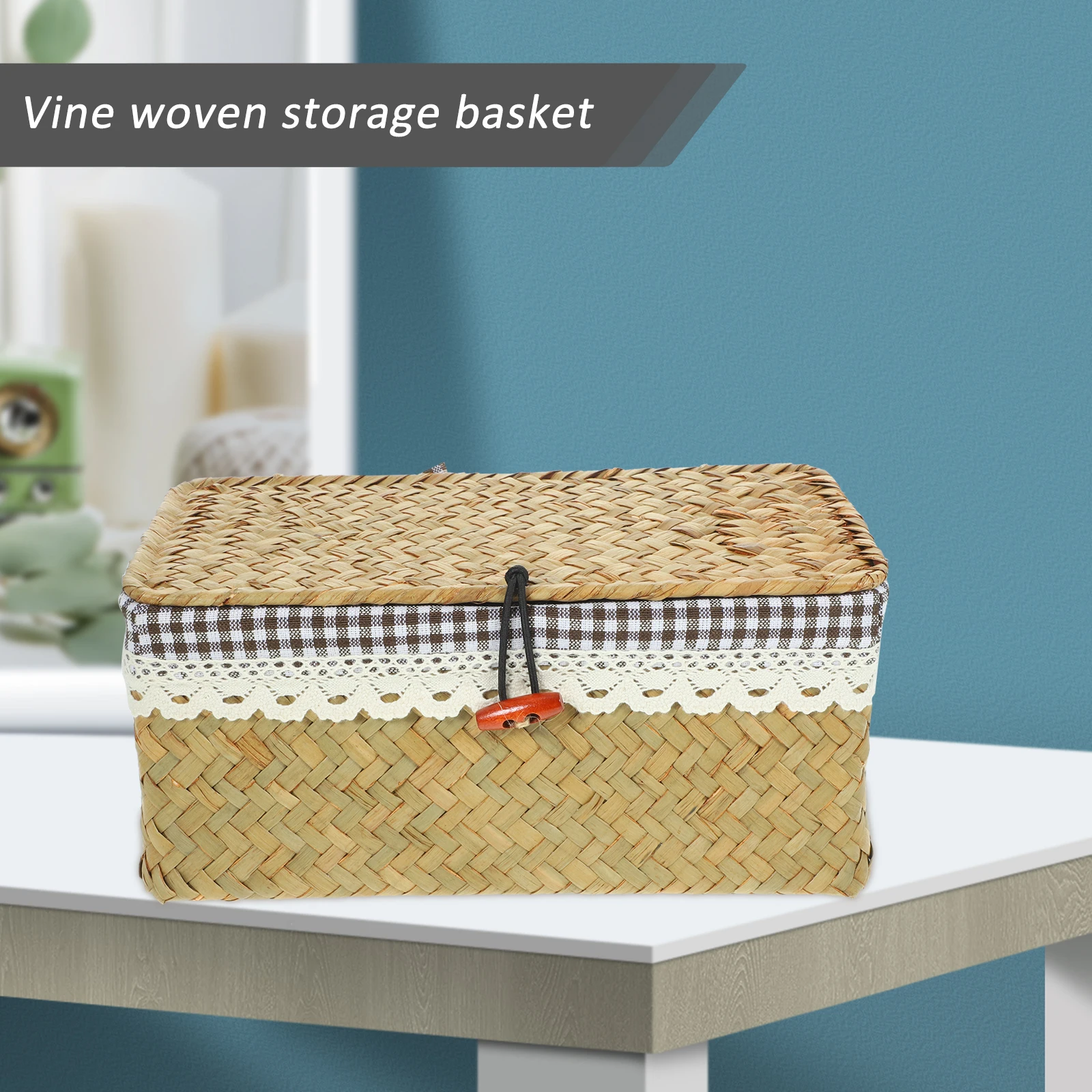 

Hand Woven Woven Storage Box With Lid Rectangular Sundry Organizer Strong Natural Farmhouse Style Storage Bins Household