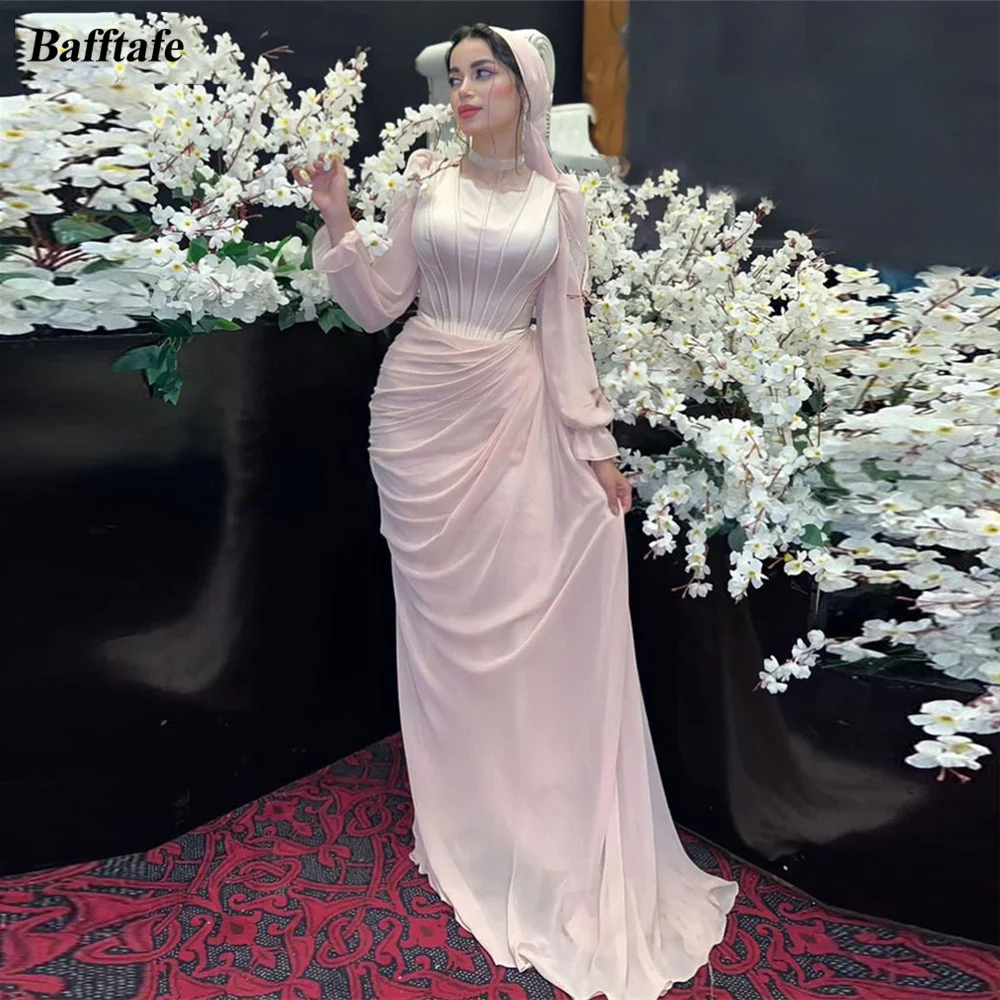 

Bafftafe Modest Long Sleeves Chiffon Women Prom Dresses Saudi Arabia Satin Bones Special Evening Dress Formal Party Gowns 2024