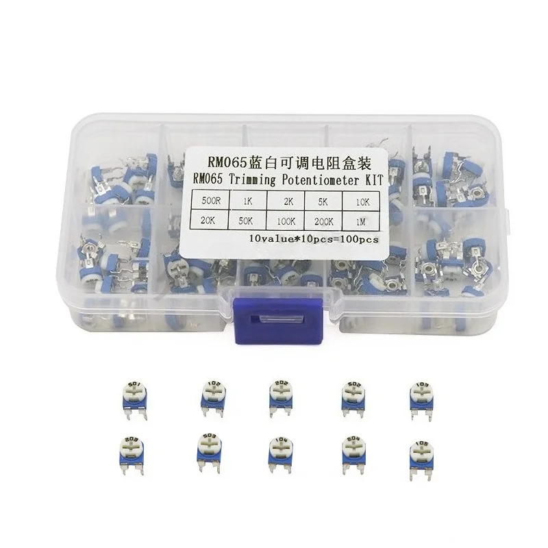 RM065 6MM Blue Trimmer Potentiometer Kit 100Pcs 10 Values 100Ω 20K Resistance Box for DIY