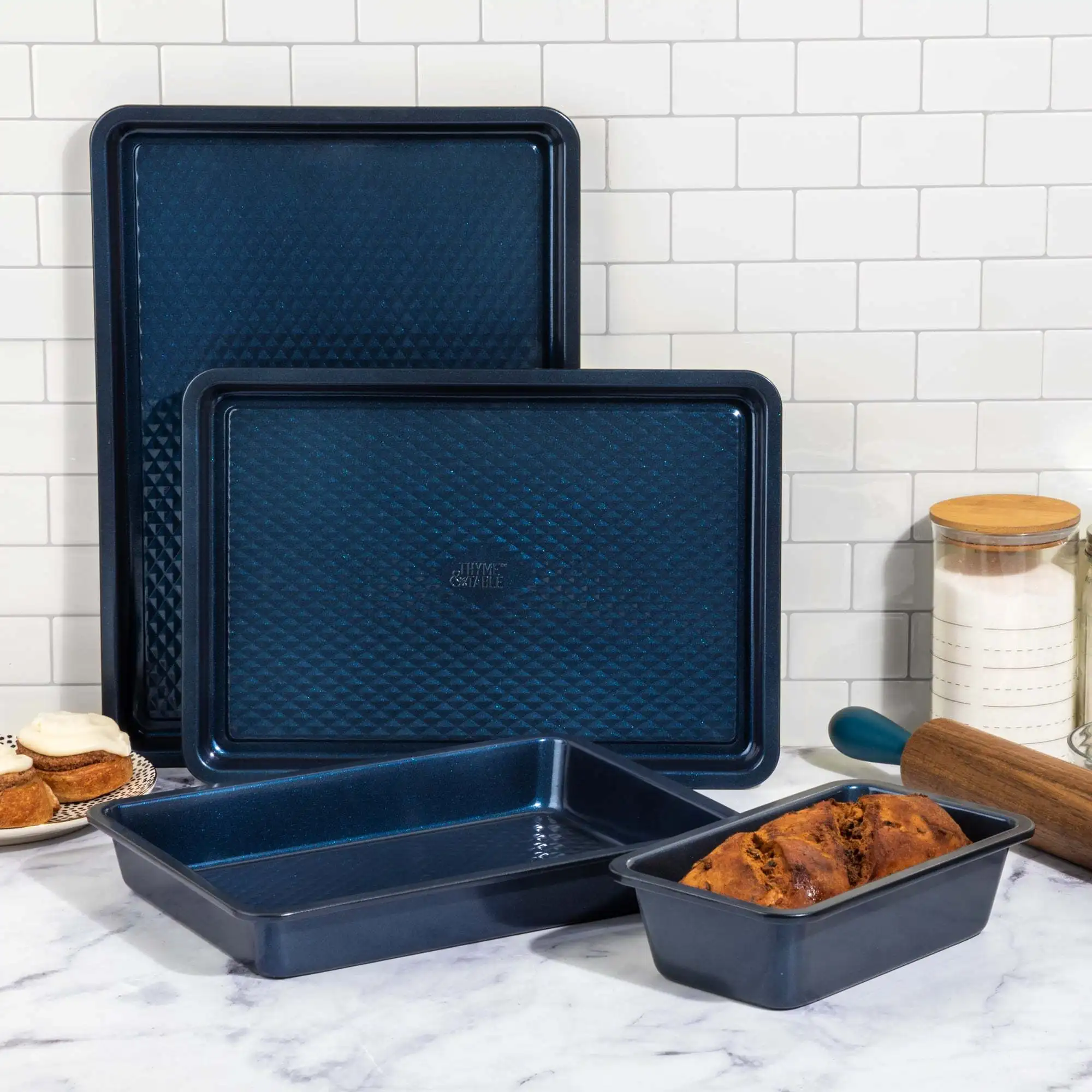 Juego de 4 piezas para hornear de acero aluminizado antiadherente, color azul marino