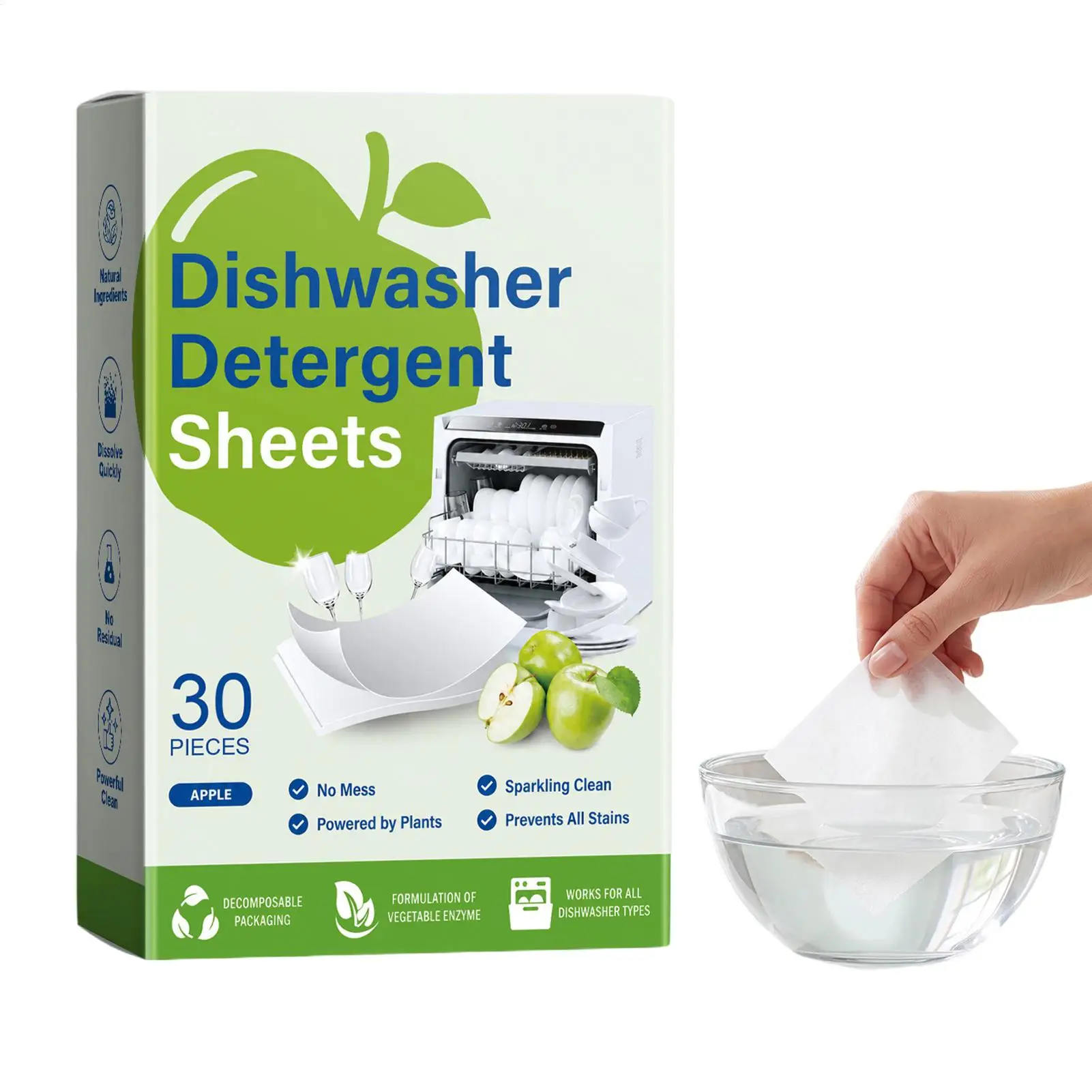 30PCS Eco Dishwasher Sheets Phosphate-Free Chlorine-Free Cleaner Powerful Scented Dishwasher Strips for Home Restaurant ﻿