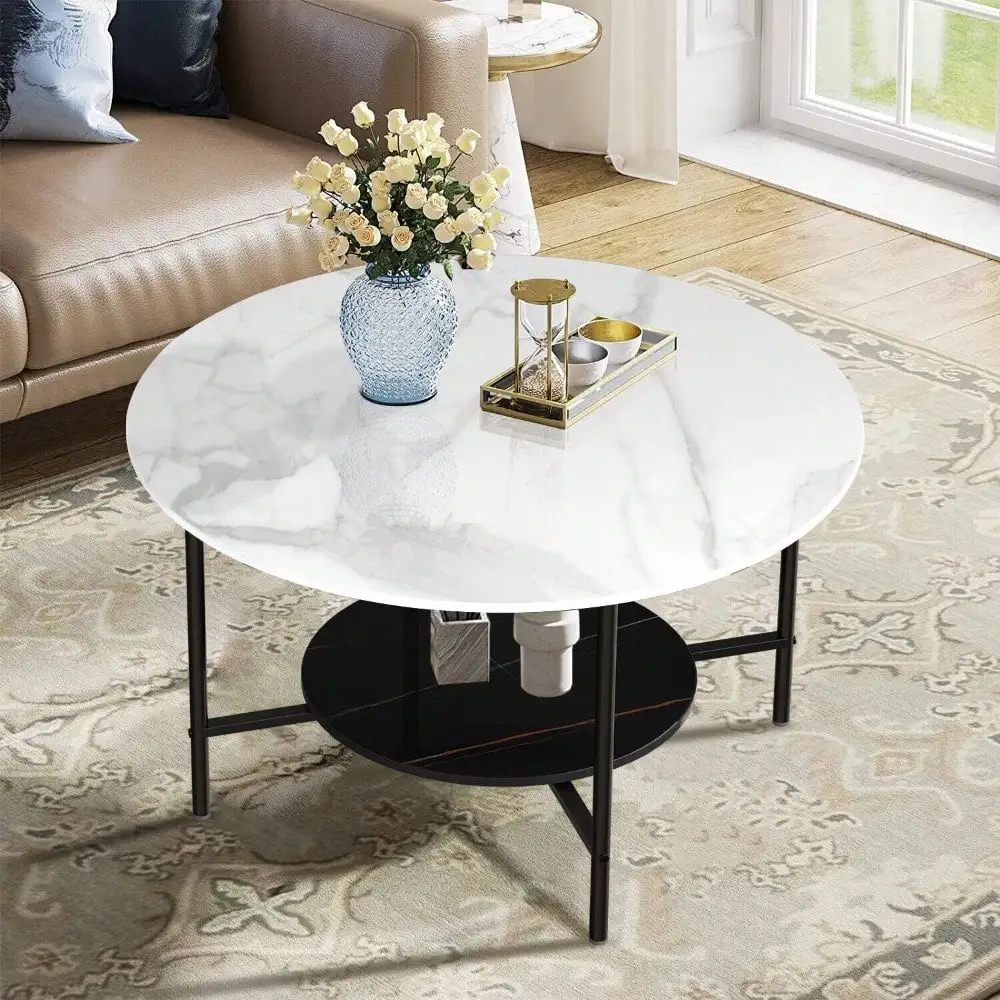 Heav Duty Marble Coffee Table Large Round 2 Tier Accent End Table Living Room