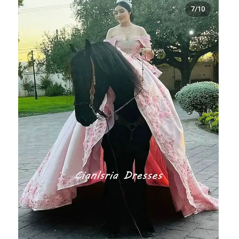 Roze Prinses Boog Back Corset Quinceanera Jurk Baljurk 3D Bloemen Applicaties Ruches Sweet 16 Vestidos De Xv Años