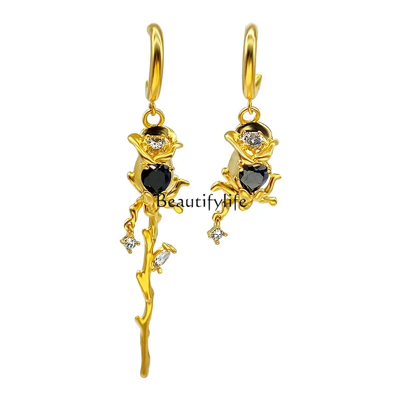 

French asymmetric rose earrings irregular temperament light luxury high-end earrings