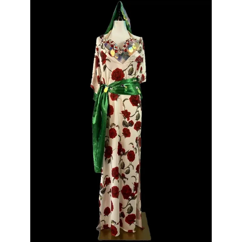 

Халат с принтом роз по индивидуальному заказу, костюм для танца живота, тренировочный наряд, костюмы для выступлений, комплект халатов, бюстгальтер для танца живота, повязка на голову, пояс