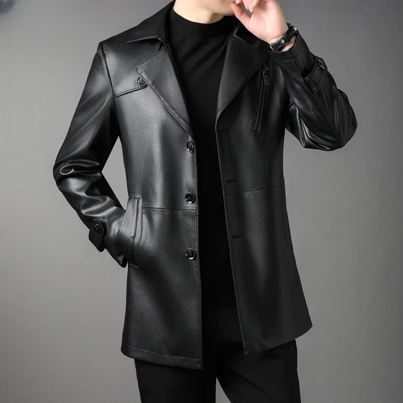 Genuine Leather Jacket for Men 2023 Autumn Winter Men's Leather Jackets Suit Collar Mid-length Windbreaker Casual Black Coats