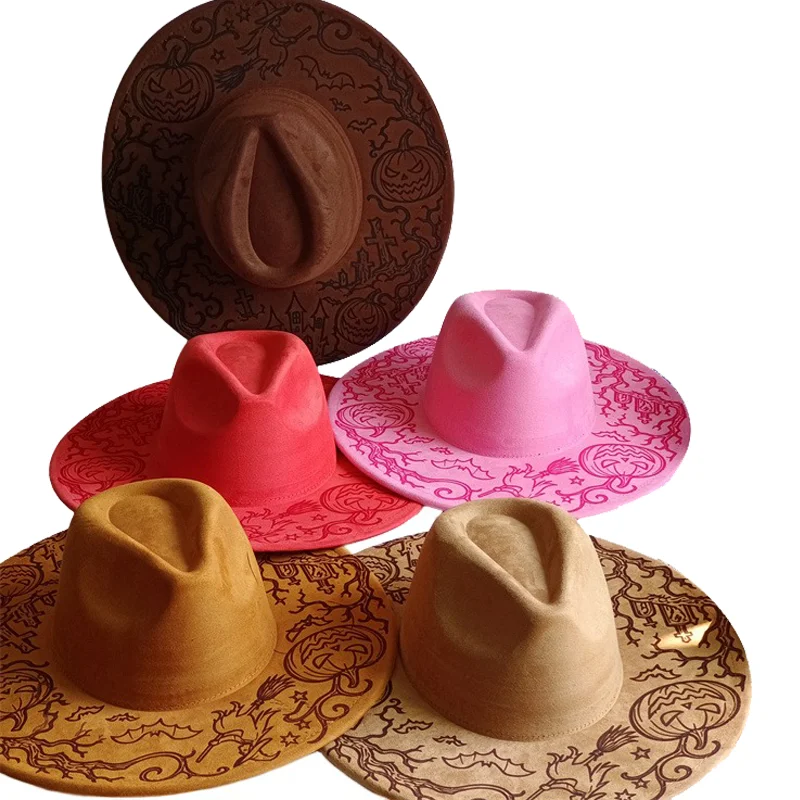 Festival Suede Hat Fedora Hat Burning Early Autumn Style featuring pyrography and burn effect detailing artisanal