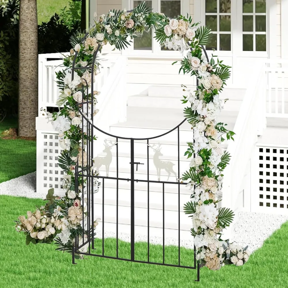 Garden Arch with Door - Metal Garden Arch for Climbing Plant Rose Vine Outdoor Garden Archway for Wedding Party Ceremony Indoor